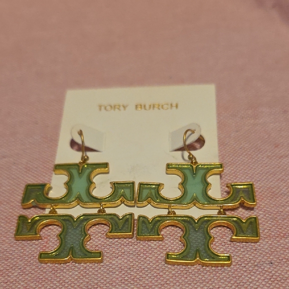 Tory Burch Jewelry - Tory Burch Gold-Trim Mint Green Logo Dangle Transparent Earrings